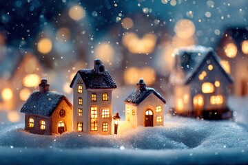 A serene holiday scene featuring tiny homes with inviting lights amidst a blanket of snow, evoking a sense of wonder and joy
