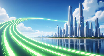 Futuristic city skyline with glowing green energy pathways over water skyscrapers