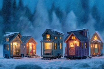 A serene holiday scene featuring tiny homes with inviting lights amidst a blanket of snow, evoking a sense of wonder and joy