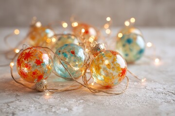 A vibrant display of glass holiday baubles and string lights, softly blurred in the background, exuding a joyful, celebratory mood