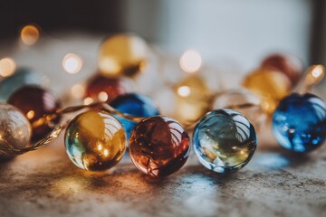 A vibrant display of glass holiday baubles and string lights, softly blurred in the background, exuding a joyful, celebratory mood