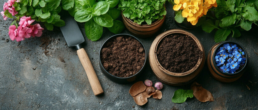 Fresh potted plants, colourful flowers, a garden trowel and soil on a grey background will inspire themes of ecology and gardening, providing a suitable backdrop for blogs - Powered by Adobe