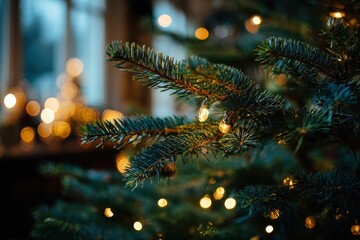Detailed view of a festive evergreen tree, twinkling fairy lights blurred in the background, evoking warmth and holiday spirit