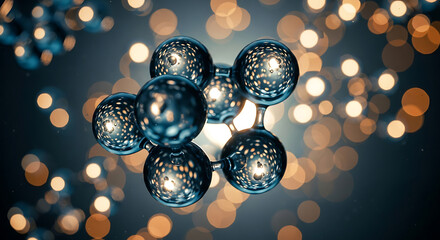 Metallic molecular structure with bokeh lights background molecule atom