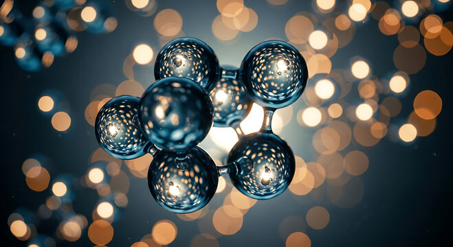 Metallic molecular structure with bokeh lights background molecule atom