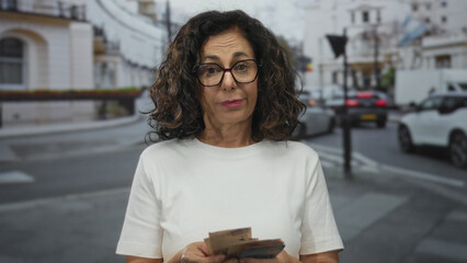 Woman counting mexican pesos on a street, capturing a middle-aged hispanic experience outdoors amid urban life.