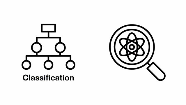 Classification hierarchy and atom research with magnifying glass for science education and business structure visualizing relations between entities