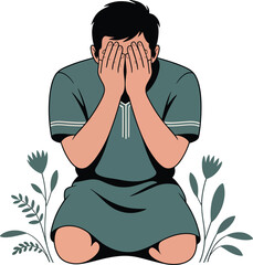 Man kneeling covering face expressing despair shame worry