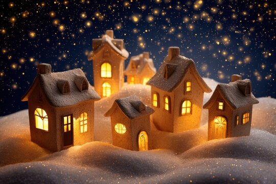 Charming snow-covered cottages illuminated by soft golden lights, surrounded by twinkling stars in a whimsical winter wonderland