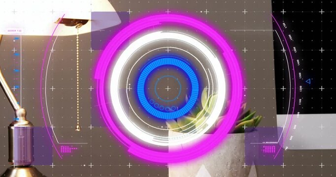 HUD overlay appearing at activation, expanding, pulsing magenta white blue rings to frame succulent
