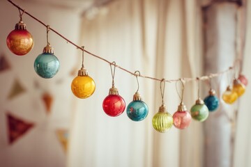 Brightly colored glass ornaments and garlands sparkle on a gently blurred backdrop, creating a cheerful, festive ambiance filled with warmth and joy