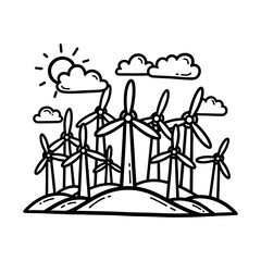 Hand-drawn wind farm illustration with sun, clouds, and rolling hills