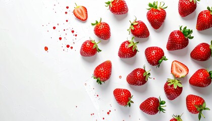Ripe Red Strawberries Scattered on White Surface with Splashes of Juice and Seeds in Bright Studio Lighting Arrangement