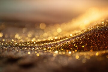 Close-up of shimmering gold glitter, softly illuminated to create a warm, festive atmosphere filled with luxury and holiday cheer