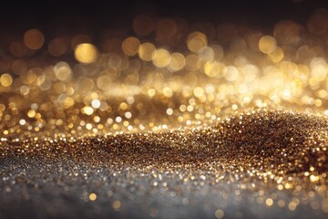 Close-up of shimmering gold glitter, softly illuminated to create a warm, festive atmosphere filled with luxury and holiday cheer