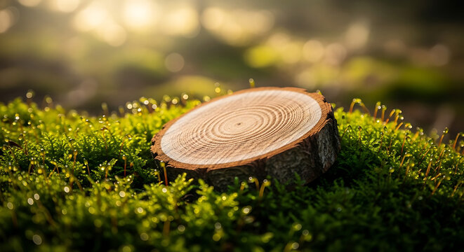 Tree stump surrounded by lush green moss in warm sunlight