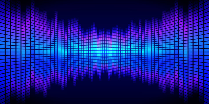 Futuristic vector background of a vibrant, glowing digital sound wave equalizer. Dynamic neon blue and purple bars create a perspective tunnel effect. Ideal for music, DJ, technology and gaming.