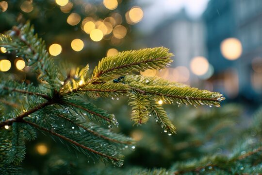 Intimate shot of a decorated pine tree, lush green needles illuminated by gentle bokeh lighting, capturing a serene winter ambiance