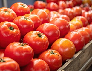 Ripe Red Tomatoes Displayed in Wooden Crate