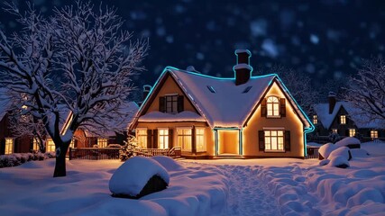 Illuminated winter home snow-covered neighborhood night cozy atmosphere warm glow