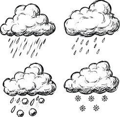 Hand-drawn weather clouds set with rain, hail, and snow sketch