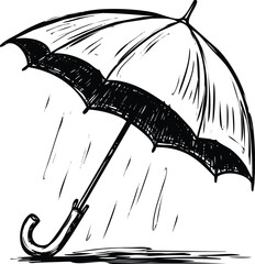 Hand drawn umbrella with falling rain sketch doodle art vector.