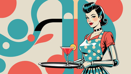 Retro robot waitress serving cocktail on a tray with colorful geometric background
