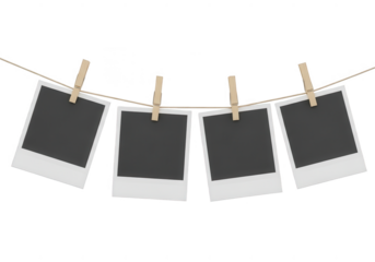 Four polaroid photos hanging on a line isolated on transparent background