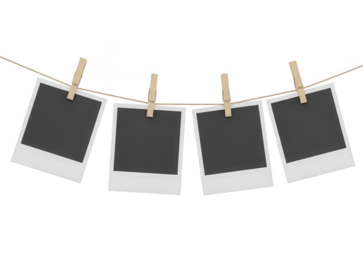Four polaroid photos hanging on a line isolated on transparent background