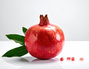 Ripe Red Pomegranate with Green Leaves on White Background