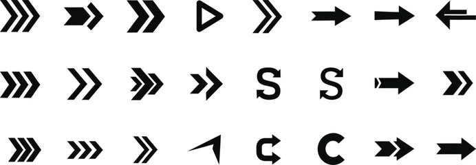 Collection of black arrow vector shapes on white background