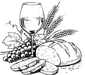 Wine glass, grapes, wheat and rustic bread line art illustration