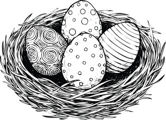 Detailed black and white line art illustration of eggs in a nest