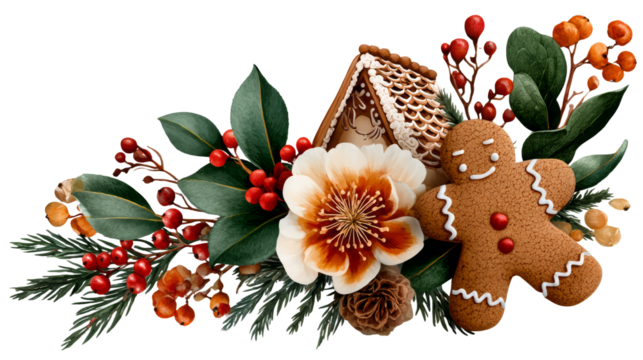 Gingerbread man surrounded by festive flowers, berries, and greenery, creating a joyful holiday atmosphere with copy space for text. transparent background, isolated image