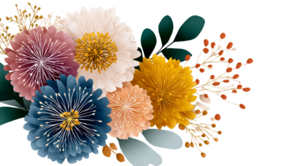Colorful floral arrangement featuring vibrant flowers and leaves, showcasing a beautiful illustration with copy space for design purposes. transparent background, isolated image