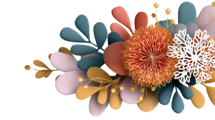 Colorful floral arrangement with intricate petals and leaves, showcasing vibrant textures and shapes, ideal for decorative purposes and design projects . transparent background, isolated image