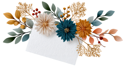 Floral arrangement featuring vibrant flowers and leaves with a blank card for customizable messages, ideal for invitations or greeting cards with copy space. transparent background, isolated image