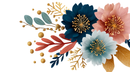 Floral arrangement featuring blue and pink flowers with golden accents and green leaves, perfect for decorative purposes and creative projects with copy space. transparent background, isolated image