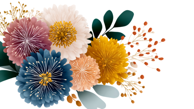 Colorful floral arrangement featuring vibrant flowers and leaves, showcasing a beautiful illustration with copy space for design purposes. transparent background, isolated image
