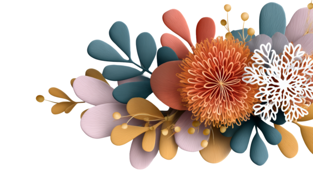 Colorful floral arrangement with intricate petals and leaves, showcasing vibrant textures and shapes, ideal for decorative purposes and design projects . transparent background, isolated image