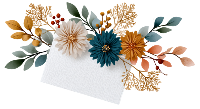 Floral arrangement featuring vibrant flowers and leaves with a blank card for customizable messages, ideal for invitations or greeting cards with copy space. transparent background, isolated image