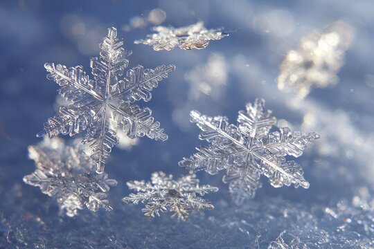 Delicate transparent snowflakes scattered on a soft blue background, illuminated by gentle winter sunlight, creating a serene and whimsical atmosphere