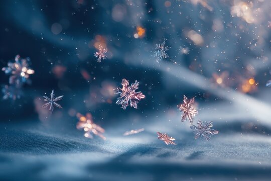 Delicate transparent snowflakes scattered on a soft blue background, illuminated by gentle winter sunlight, creating a serene and whimsical atmosphere