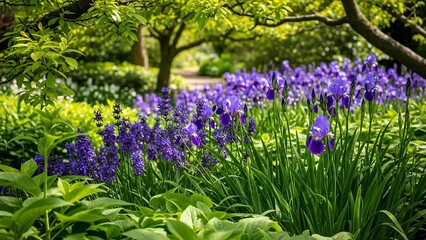 Enchanting Iris Garden - A Symphony of Purple Hues in Bloom.