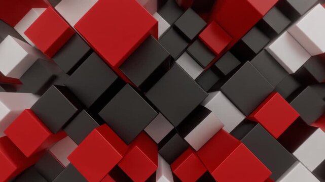 Geometric pattern of red, black, and white 3D cubes in a close-up view with a modern and dynamic composition.