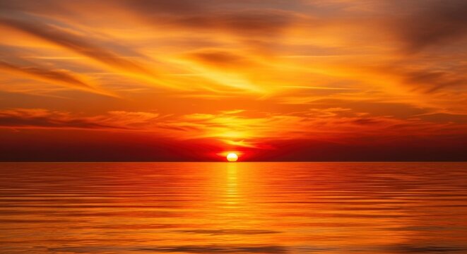 Fiery orange sunset over calm ocean horizon 