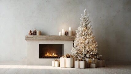 Cozy Christmas interior with fireplace decorated tree and gifts creating a warm and inviting holiday atmosphere in a bright living room - Powered by Adobe
