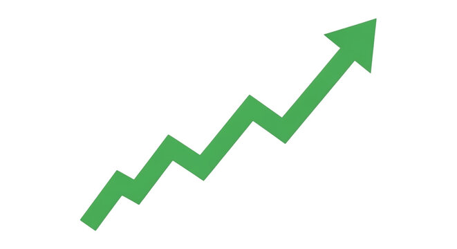 A vibrant green upward trending zig zag arrow graph symbolizing growth progress and positive financial performance against a stark black background