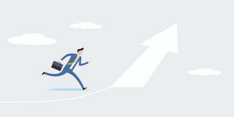 Businessman running towards a rising arrow symbolizing success and growth