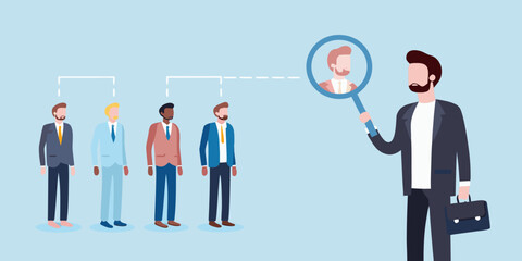 Recruiter magnifying a candidate from a group of professionals